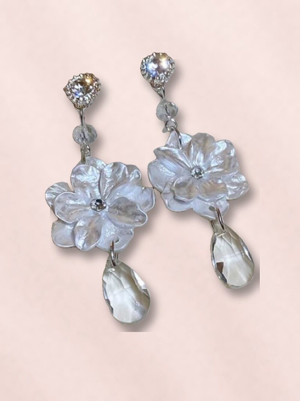 White Flower Drop Earrings with Clear Crystal Teardrops, Silver Tone NWT